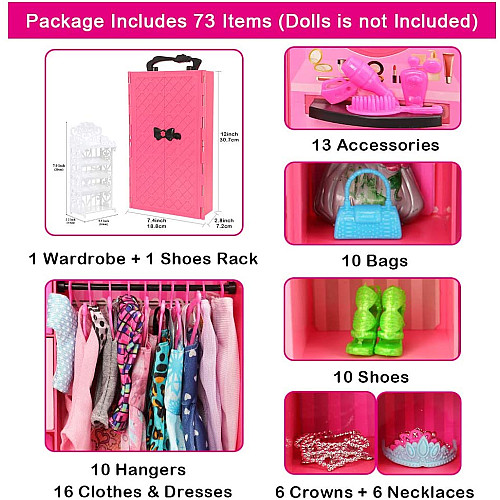 Развивающий набор Шкаф с одеждой для куклы Барби (73 предмета)